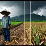 **A Malaysian farmer looking concerned at his damaged crops, caused by unpredictable weather patterns. Overlaid on the image are faint graphs and carbon data visualizations, symbolizing the challenge of carbon accounting and climate change impacting everyday lives.**