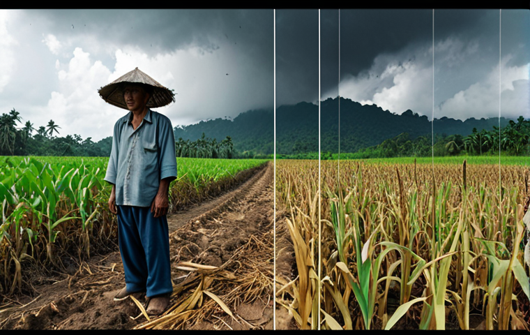 **A Malaysian farmer looking concerned at his damaged crops, caused by unpredictable weather patterns. Overlaid on the image are faint graphs and carbon data visualizations, symbolizing the challenge of carbon accounting and climate change impacting everyday lives.**