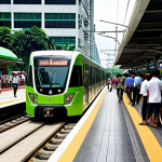 **

A bustling Kuala Lumpur street scene. In the foreground, a modern, clean LRT train is pulling into a station. People of diverse backgrounds are entering and exiting the train.  In the background, there's a dedicated bicycle lane with cyclists safely riding, and modern electric buses navigating the traffic.  Include solar panels on the station roof.  The overall tone is optimistic and highlights efficient, green public transportation options.

**