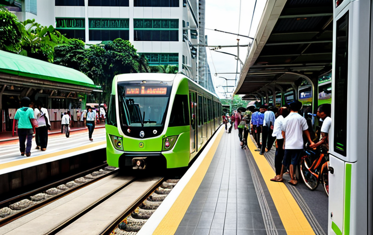 **
A bustling Kuala Lumpur street scene. In the foreground, a modern, clean LRT train is pulling into a station. People of diverse backgrounds are entering and exiting the train. In the background, there's a dedicated bicycle lane with cyclists safely riding, and modern electric buses navigating the traffic. Include solar panels on the station roof. The overall tone is optimistic and highlights efficient, green public transportation options.
**