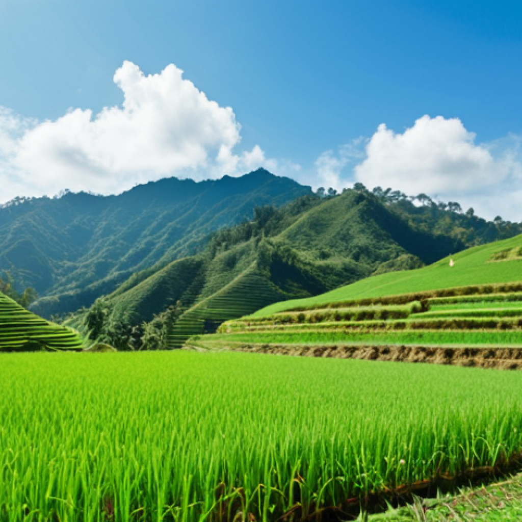 **Prompt:** Lush green rice paddies in Malaysia, showcasing sustainable agriculture practices, farmers planting rice seedlings, diverse crops, clear blue sky, Cameron Highlands scenery in background, natural lighting, organic farming concept.