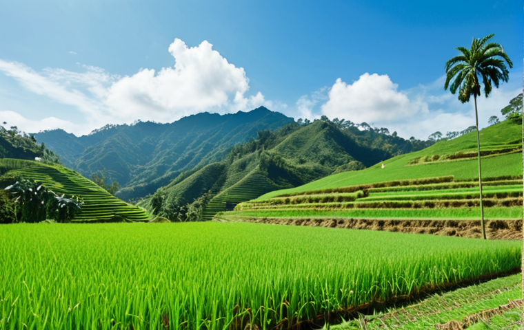 **Prompt:** Lush green rice paddies in Malaysia, showcasing sustainable agriculture practices, farmers planting rice seedlings, diverse crops, clear blue sky, Cameron Highlands scenery in background, natural lighting, organic farming concept.