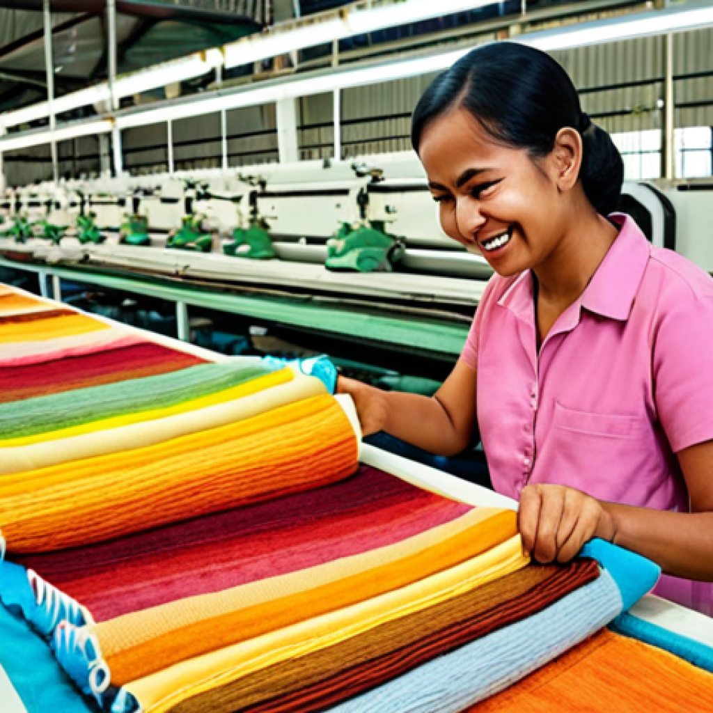 **Image of a textile factory in Melaka, Malaysia. Natural dyes are being used on fabric. Workers are present and smiling. Emphasize the eco-friendly and efficient production process. A customer examining the fabric with a happy expression.** (Focus: Local industry success story, eco-friendly practices, positive brand image).