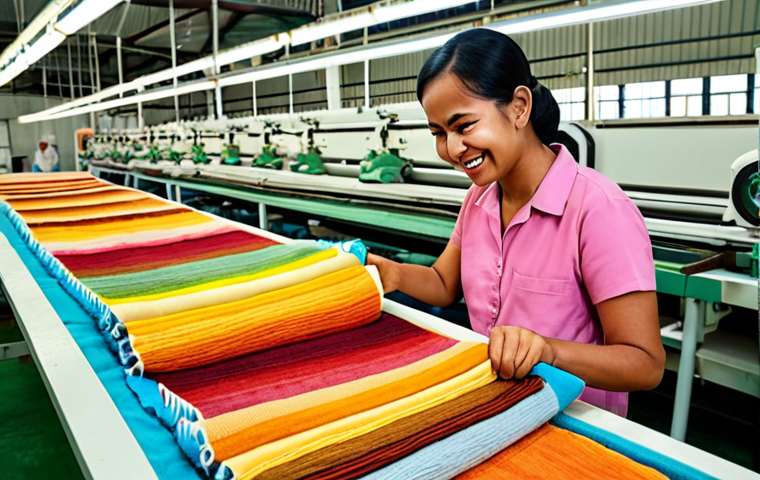**Image of a textile factory in Melaka, Malaysia. Natural dyes are being used on fabric. Workers are present and smiling. Emphasize the eco-friendly and efficient production process. A customer examining the fabric with a happy expression.** (Focus: Local industry success story, eco-friendly practices, positive brand image).