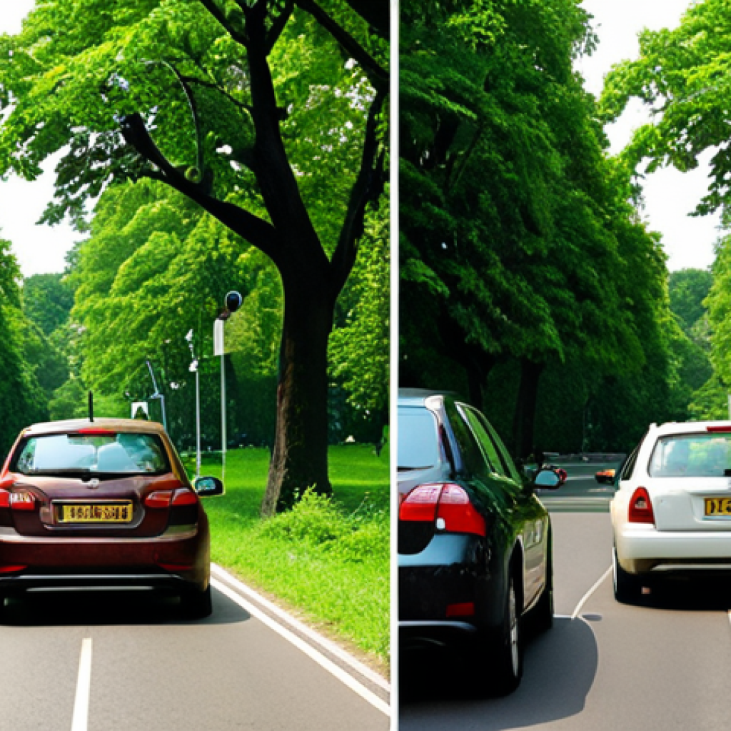 **Image Prompt:** A split-screen showing two contrasting scenes. On one side, a traffic jam with cars emitting exhaust fumes; on the other, a person happily cycling through a park with lush greenery. This visually represents choosing greener transportation alternatives.