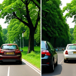**Image Prompt:** A split-screen showing two contrasting scenes. On one side, a traffic jam with cars emitting exhaust fumes; on the other, a person happily cycling through a park with lush greenery. This visually represents choosing greener transportation alternatives.