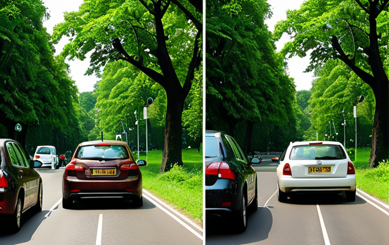 **Image Prompt:** A split-screen showing two contrasting scenes. On one side, a traffic jam with cars emitting exhaust fumes; on the other, a person happily cycling through a park with lush greenery. This visually represents choosing greener transportation alternatives.