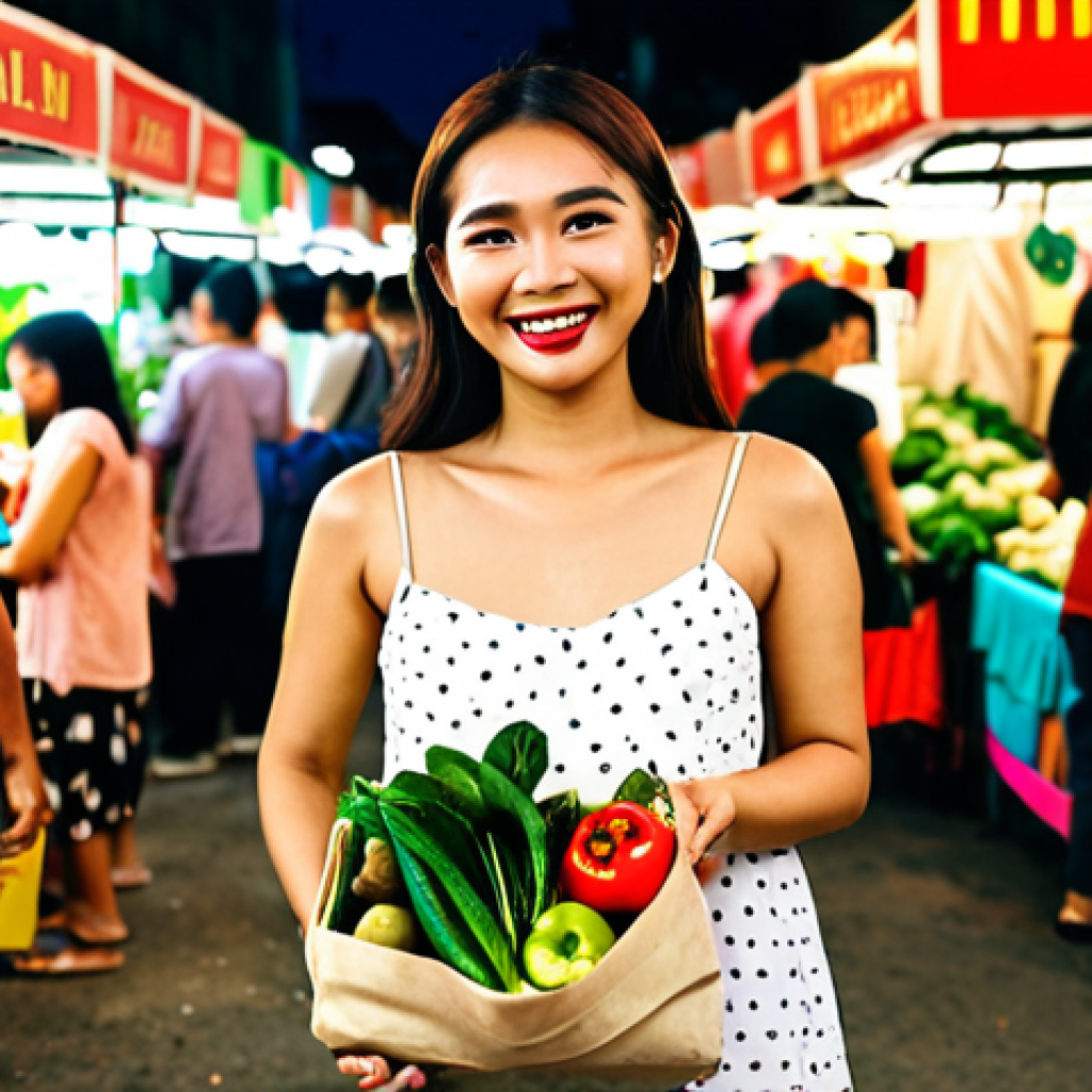 **Prompt:** A Malaysian influencer cheerfully holding a reusable shopping bag filled with local produce at a bustling pasar malam (night market), surrounded by colorful stalls and friendly vendors. #GoGreen #Sustainability #ClimateAction