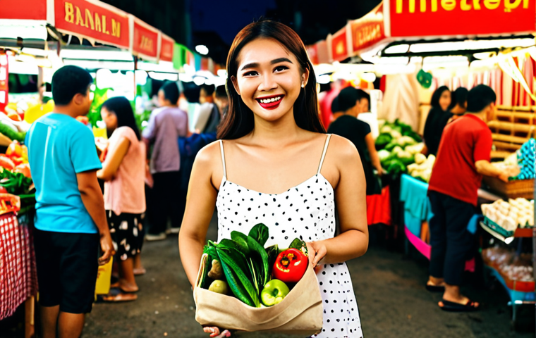 **Prompt:** A Malaysian influencer cheerfully holding a reusable shopping bag filled with local produce at a bustling pasar malam (night market), surrounded by colorful stalls and friendly vendors. #GoGreen #Sustainability #ClimateAction