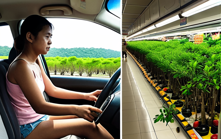 **
A split-screen image: On one side, a modern Malaysian family enjoying everyday activities like driving a car, using air conditioning, and buying groceries in a brightly lit supermarket, but with faint, dark "carbon debt" shadows looming over them. On the other side, the same family plants mangrove saplings on a sunny Malaysian coastline, actively "paying" their carbon debt. The image emphasizes balance and responsibility.
**