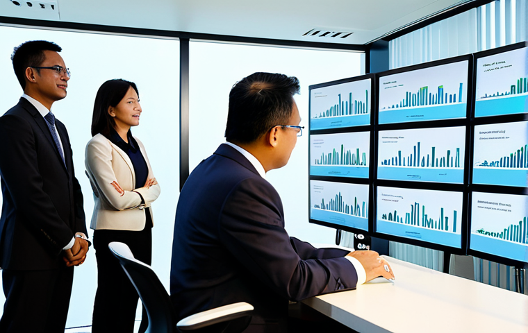 A diverse group of Malaysian professionals, including male and female engineers and policymakers, are engaged in a collaborative discussion around a large interactive screen. They are fully clothed in modest, modern business attire. The setting is a brightly lit, contemporary control room or smart office in Kuala Lumpur. The screen displays integrated data, subtly showing graphs of carbon budget metrics and renewable energy progress. The scene conveys focused teamwork and a strategic, holistic approach to national energy policy. safe for work, appropriate content, fully clothed, professional dress, perfect anatomy, correct proportions, natural pose, well-formed hands, proper finger count, natural body proportions, high-quality professional photography, detailed, realistic.