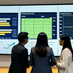 A diverse group of professional individuals, including men and women, in modest business attire, gathered around a large interactive screen in a modern, well-lit meeting room. The screen displays complex data visualizations and charts related to carbon emission trends and climate models for Malaysia. They are engaged in a focused discussion, with one person pointing thoughtfully at the data, indicating a collaborative effort to address climate challenges. The room features a view of a clean, urban Malaysian cityscape through large windows. Perfect anatomy, correct proportions, natural pose, well-formed hands, proper finger count, natural body proportions, professional photography, high quality, safe for work, appropriate content, fully clothed, professional dress, family-friendly.