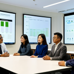 A diverse group of Malaysian professionals, including men and women, in a modern, well-lit conference room. They are engaged in a collaborative meeting, looking at large display screens that show data visualizations related to national carbon emission targets, sustainable development goals, and economic charts, subtly referencing "RMK12" or "WKB2030" as policy frameworks. They are dressed in modest business attire, including suits, and professional Baju Kurung or Kebaya. The room features contemporary design and touches of greenery. Professional photography, high quality, realistic, perfect anatomy, correct proportions, natural pose, well-formed hands, proper finger count, natural body proportions, fully clothed, modest clothing, appropriate attire, professional dress, safe for work, appropriate content, family-friendly.