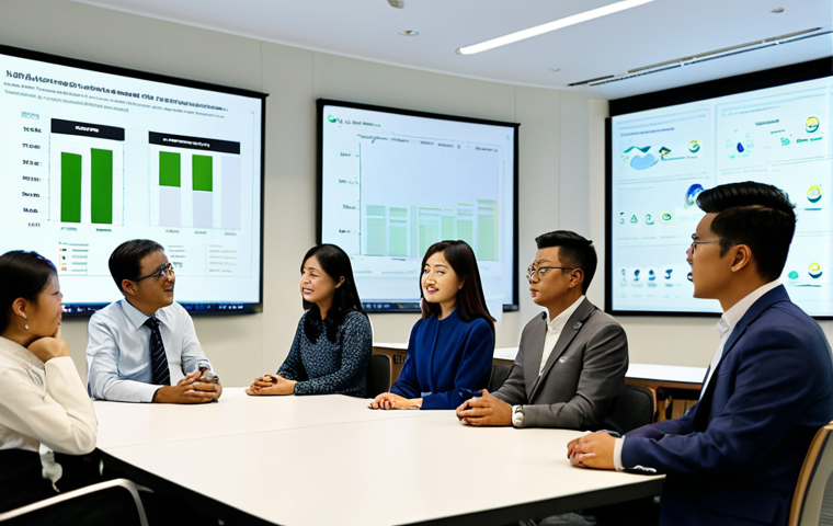 A diverse group of Malaysian professionals, including men and women, in a modern, well-lit conference room. They are engaged in a collaborative meeting, looking at large display screens that show data visualizations related to national carbon emission targets, sustainable development goals, and economic charts, subtly referencing "RMK12" or "WKB2030" as policy frameworks. They are dressed in modest business attire, including suits, and professional Baju Kurung or Kebaya. The room features contemporary design and touches of greenery. Professional photography, high quality, realistic, perfect anatomy, correct proportions, natural pose, well-formed hands, proper finger count, natural body proportions, fully clothed, modest clothing, appropriate attire, professional dress, safe for work, appropriate content, family-friendly.