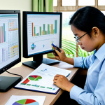 A professional Malaysian environmental analyst, fully clothed in modest business casual attire, diligently reviewing physical reports and charts at a desk filled with stacks of paper, clipboards, and an older computer monitor. The background subtly depicts blurred elements of a palm oil plantation and an industrial factory, symbolizing diverse data sources. The scene emphasizes manual data collection and the complexity of traditional carbon monitoring. Perfect anatomy, correct proportions, natural pose, well-formed hands, proper finger count, natural body proportions, professional photography, high quality, safe for work, appropriate content, fully clothed, family-friendly.