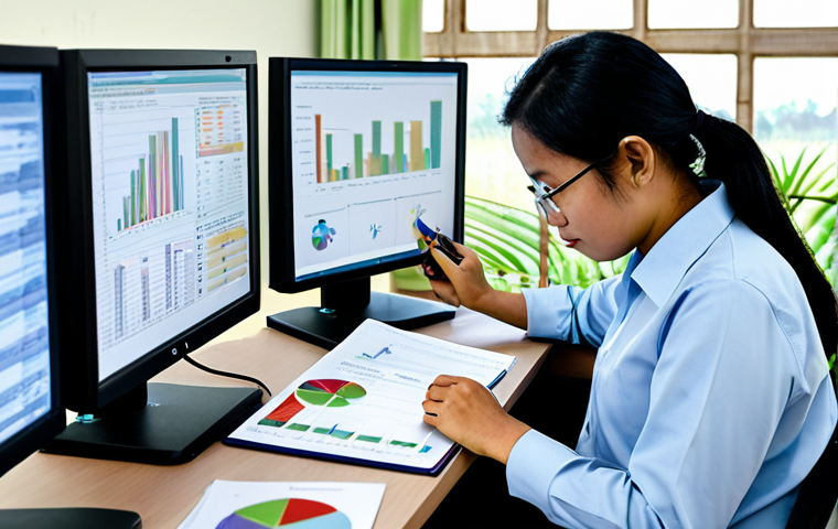 A professional Malaysian environmental analyst, fully clothed in modest business casual attire, diligently reviewing physical reports and charts at a desk filled with stacks of paper, clipboards, and an older computer monitor. The background subtly depicts blurred elements of a palm oil plantation and an industrial factory, symbolizing diverse data sources. The scene emphasizes manual data collection and the complexity of traditional carbon monitoring. Perfect anatomy, correct proportions, natural pose, well-formed hands, proper finger count, natural body proportions, professional photography, high quality, safe for work, appropriate content, fully clothed, family-friendly.