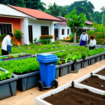 **

A vibrant community garden scene in Malaysia, featuring diverse individuals planting vegetables and flowers. Include raised garden beds, composting bins, and water harvesting systems. Everyone is fully clothed in modest attire suitable for gardening. The background shows local houses and a clear sky. Perfect anatomy, correct proportions, natural pose, safe for work, appropriate content, professional, family-friendly, high quality.

**