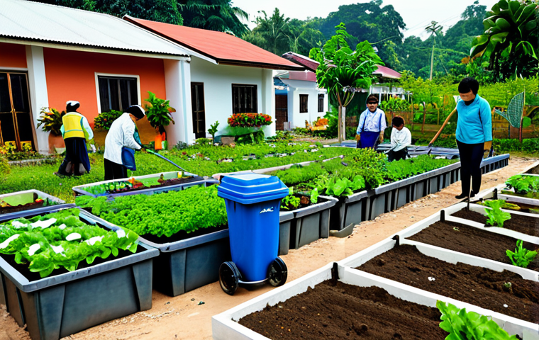 **
A vibrant community garden scene in Malaysia, featuring diverse individuals planting vegetables and flowers. Include raised garden beds, composting bins, and water harvesting systems. Everyone is fully clothed in modest attire suitable for gardening. The background shows local houses and a clear sky. Perfect anatomy, correct proportions, natural pose, safe for work, appropriate content, professional, family-friendly, high quality.
**