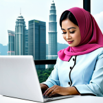 **

"A Malaysian businesswoman in a modern baju kurung, working on a laptop at a bright, open office with Kuala Lumpur city skyline in the background, fully clothed, appropriate attire, safe for work, perfect anatomy, natural proportions, professional corporate photography, high resolution"

**