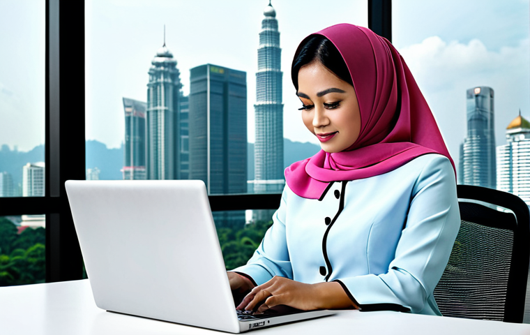 **

"A Malaysian businesswoman in a modern baju kurung, working on a laptop at a bright, open office with Kuala Lumpur city skyline in the background, fully clothed, appropriate attire, safe for work, perfect anatomy, natural proportions, professional corporate photography, high resolution"

**