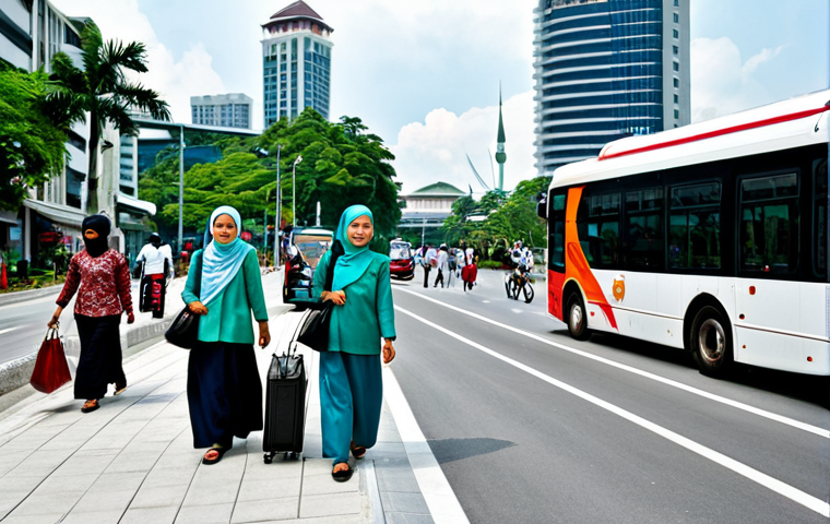 **
A bustling Malaysian city street scene, filled with modern buildings and green spaces. Focus on environmentally friendly elements: electric buses, cyclists, people carrying reusable shopping bags, and solar panels on rooftops. People are fully clothed in modest, everyday Malaysian attire (e.g., baju kurung, batik shirts, modest pants and tops). The overall atmosphere is positive and forward-looking. Safe for work. Appropriate content. Fully clothed. Professional. Perfect anatomy, correct proportions, natural pose, well-formed hands, proper finger count, natural body proportions. High quality.
**